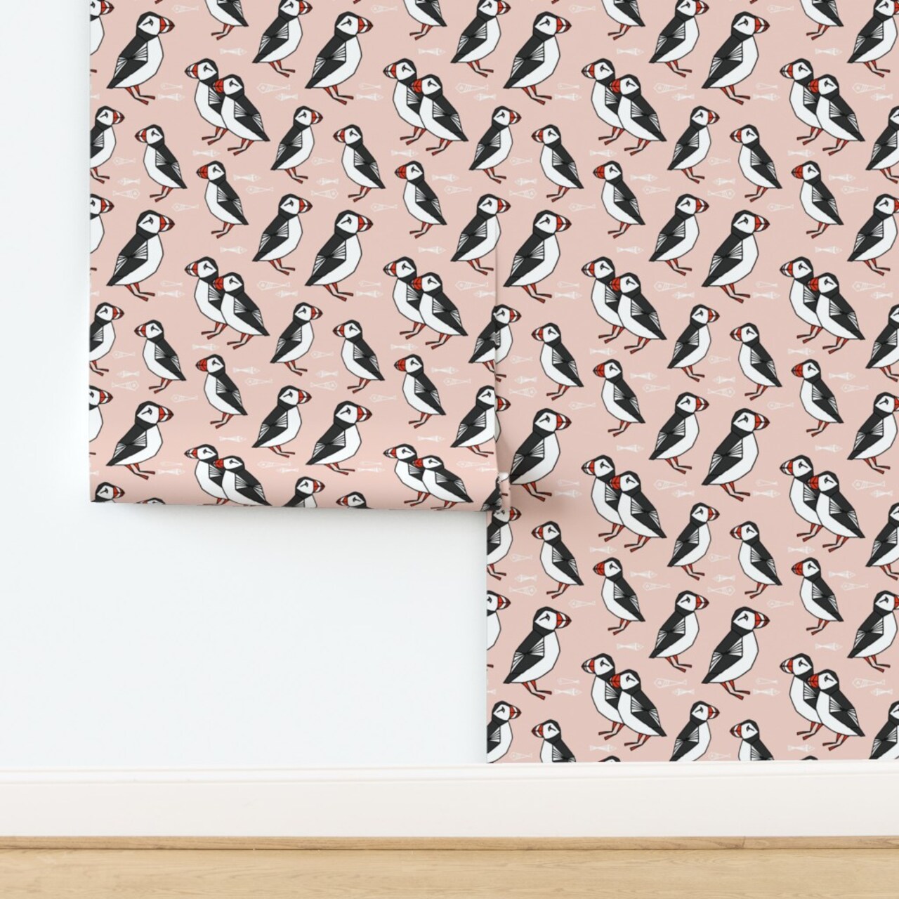 Puffin Puffins Fish Birds Winter Blush Custom Removable Wallpaper by Spoonflower Peel & Stick Wallpaper 2FT Wide